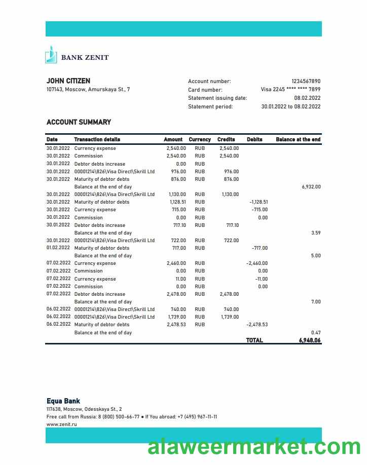 Russia Zenit Bank statement xls